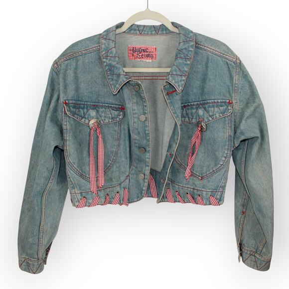Vtg M/L HystericEtVous Crop Denim JeanJacket Western Gingham Red Cowgirl Light - Picture 5 of 14